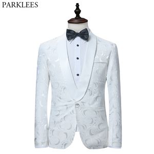 Men's Elegant Rose Floral Print Tuxedo Suit Blazer Shawl Lapel One Button Wedding Groom Groomsmen Tuxedo Suit Jacket Male White 210522