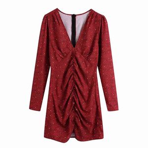 Eleganckie Kobiety Dot Drukuj Sukienki Jesień Moda Damska Dekolt Sukienka Sukienka Przyczynowa Kobieta Streetwear Draped Mini Vestidos 210427