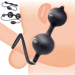 Plugue insuflável da bomba anal com bola de aço dupla penetração anal plugue de silicone buttplug homens próstata massagem sexo brinquedosp0804