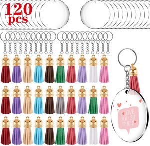 120 pcs Keychain acrílico em branco 2 polegadas Discos de círculo claro com furo borla pingente chaveiro anéis saco ornamento para suprimentos de artesanato diy kimter-w38f