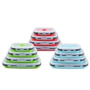4 PCS BPA 무료 실리콘 접이식 야외 점심 식사 상자 식품 저장 용기 친환경 마이크로 웨이브 휴대용 피크닉 캠핑 210818