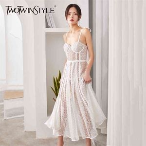 Perspektive Aushöhlen Kleid Für Frauen Ärmellose Patchwork Spitze Hohe Taille Sexy Midi Kleider Weibliche Tuch 210520