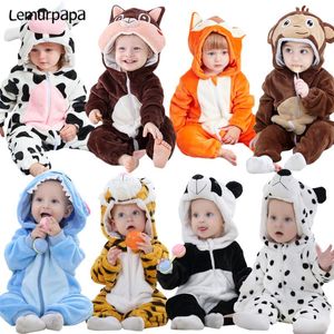 Jumpsuits födda baby rompers kläder djur kigurumis pojke tjejer pyjamas onesie tecknad tiger leopard hooded toddler cosplay kostym