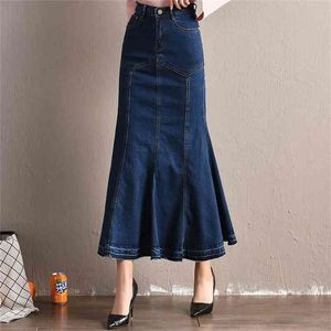 Mermaid Denim Saia Mulheres Plus Size Stretchy Fish Cauda Trompete Longo Ankle-Comprimento Império Calças De Cintura J92794 210421