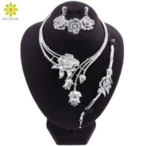 Fashion Women Silver Plated Jewelry Set Dubai Bridal Wedding Necklace Earrings Ring Braceket Jewelry Women Nigeria Jewelry Sets H1022