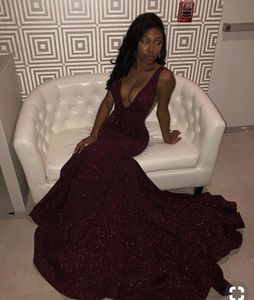 Sexy Burgundy Color Prom Dresses Mermaid Sleeveless Deep V Neck Sequins Event Wear Party Gowns Custom Made Plus Size Available