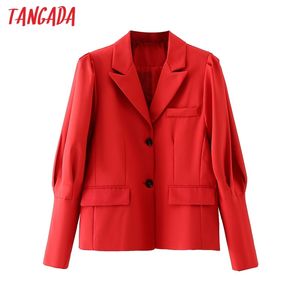 Women Solid Red Blazer Coat Puff Long Sleeve Notched Collar Pocket Female Casual Chic Tops DA113 210416