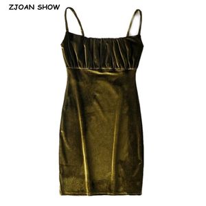 Vintage Sexy Women Pleated Ruched Spaghetti Strap Mini Short Velvet Dress Velour Party Package hips 210429