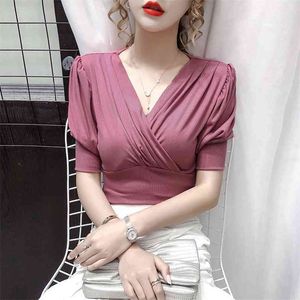 Lady V-Neck Krótki rękaw Puff T-Shirt Lato Moda Slim Ins Topy Kobiety Solidne Kolor Sexy Odzież P040 210527