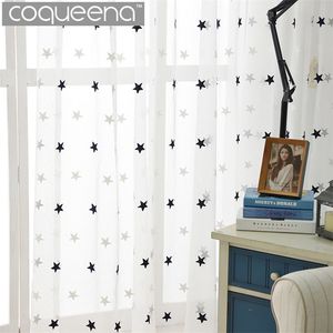 Modern estrela branco bordado cortina pura para sala de estar quarto cozinha cortina de tule crianças sala de bebê porta cortina 210913