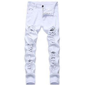 Chegada de algodão masculino de algodão rasgado buraco jeans casuais magro branco jeans homens calças moda estiramento hip hop calças macho 220311