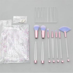 Make-up-Pinsel, 7-teilig, leer, transparenter Griff, tragbar und glitzernd, mit Kosmetiktasche über DIY-Pinsel-Set