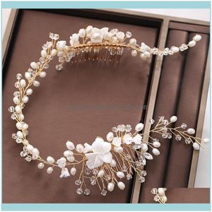 Hårsmycken Jewelyhair Clips Barrettes Handgjorda guldpärlkammar Crystal Rhinestone Bridal Headpiece For Wedding Aessory Två hårband