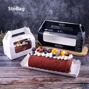 Stobag 10pcsスイスロールベーキングケーキ包装携帯用西洋ケーキチーズ箱ムースロングゴールドスタンピングボックスベビーシャワーパート210602