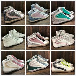 إيطاليا العلامة التجارية Golden Slide Sneakers عالية الأعلى أحذية كلاسيكية أبيض قذرة مصمم قذرة رجل أحذية الأحذية الثعابين كين الجلد