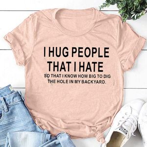 100% Cotton T Shirt I Hug People Hat Letter Print Women Short Sleeve O Neck Loose Summer Causal Tee