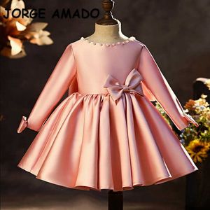 Spring Teenagers Girl Dresses Pearl Collar Bow Pink Princess for Party Wedding Piano Perform Kids Clothes E1041 210610