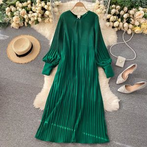 Vintage Pleated Chiffon Long Dress Women Casual Solid Pink/Green/Red O-Neck Draped Slim Vacation Vestidos Autumn Robe 2020 New X0521