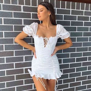 Lace up embriodery white summer dress women hollow out beach short dress puff sleeve ruffle ruched bodycon mini dress vestidos 210415