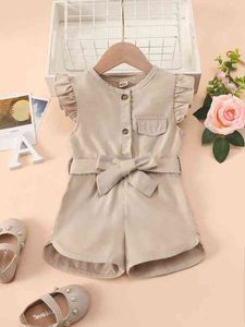 Baby Ruffle Trim Half Button Flap Detail Belted Romper SHE