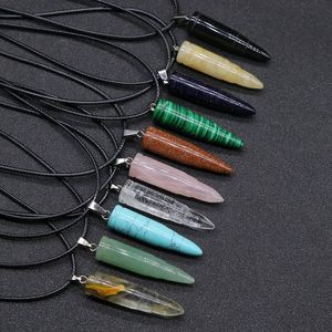 Natural Stones Bullet Necklaces Crystal Quartz Agate Gemstones Charm Pendant Necklace Black Wax Rope Chain Fashion Men Women Choker Jewelry Gift