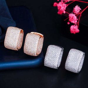 CWWZircons Double Sided Micro Paved Cubic Zirconia White Gold Color CZ Stone Rectangle Hoop Earrings for Ladies Jewelry CZ910 210924