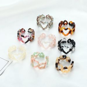 Fashion leopard print Resin Acrylic Hollow Heart Chain Ring For Women Colourful Geometric Rings Jewelry Gifts