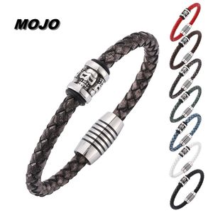 Men Retro Genuine Leather Cuff Bracelet with Stainless Steel Skull Charm Magnetic Buckle Bracelets Jewelry