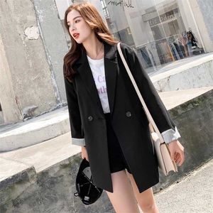 Kvinnors jacka Höst svart liten kostym Koreansk Mid-Length Loose Coat Feminine Office Blazer 210527