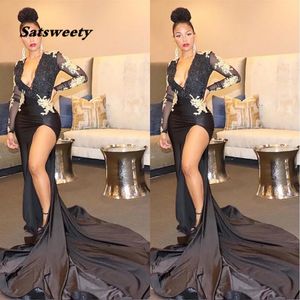 V-Neck Long Sleeve Ball Gown Evening Dress Thigh-High Slits Black Mermaid Prom Party Gowns Wrap Beaded Trumpet Formal Dresses