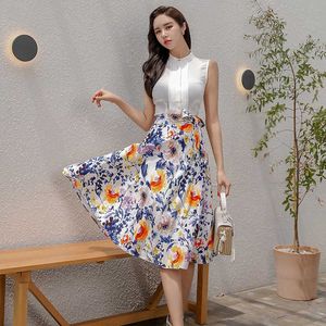 Mode sommar kvinnor kjol kostym sexig ärmlös gröda topp blommig print A-line Midi Elegant Koreansk 2 Piece Set 210529