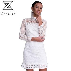 Women Dress Stand Collar Ruffle Hem White Lace es Hollow Out Long Sleeve Sexy Plus Size Bohemian es 210524