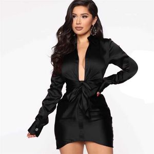 Women's Folding Mini Fashion Celebrity Satin Black Long Sleeve V-neck Birthday Club Wear Ladies Sexy Party Dress 210525