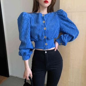 High Quality Single Breasted O Neck Solid Corduroy Short Jacket Coat Spring Autumn Women Puff Sleeve Outerwear Female 210514