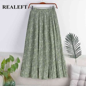 Summer Vintage Floral Print Tulle Pleated Women's Long Skirts Chiffon High Waist Loose Female Umbrella 210428