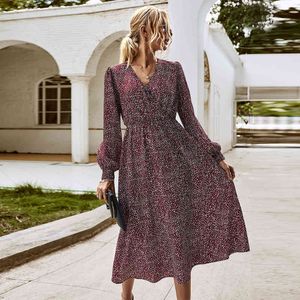 Jastie Fall Long Dress Women Floral Print Boho Klänning Långärmad V Neck Midi Dress Ladies Eleganta Casual Dresses Vestidos 210419