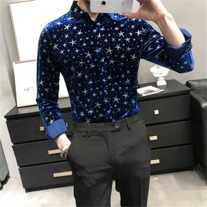 Luxury Velvet Långärmad Casual Shirt Star Print Man Formell Business Dress Shirts Streetwear Social Party Blouse Chemise Homme 210527