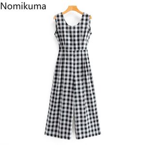 Nomikuma Backless Lace Up Vintage Plaid Compumeit Kobiety Kontrast Kolor Bez Rękawów Slim Talii Pajacyki Casual Moda Ogółem 3B751 210514