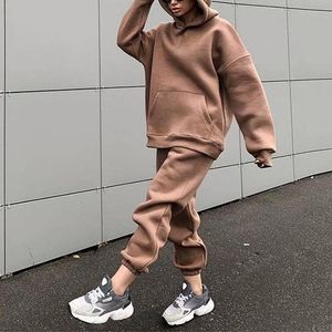 Women's Two Piece Pants 2021 Tracksuit Casual Plus Velvet Suit Solid Warm Hoodie Pocket Long Sleeve Winter Simple And Stylish