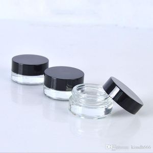 300pcs Clear Cream Cream Frasco Garrafa 3G 5G Vazio Vidro Bálsamo Bálsamo Boca De Boca De Amostra Cosmética Jars com Boné Preto