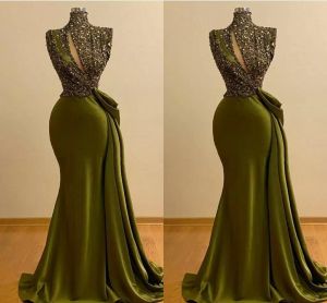 Olive Green Suknie Wieczorowe Afryki Plus Size Mermaid Cekiny Wysokiej szyi Sweep Pociąg Satynowy Prom Party Suknia Formalna Obudowa Wear Vestidos 2022 Desinger