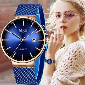 Ligeの女性は時計の上の高級ブランドのファッションレディースドレスメッシュステンレス鋼の時計防水クォーツ時計Reloj Mujer 210517