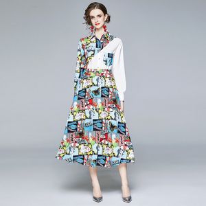 Модный дизайнер элегантный печатный костюм Установите женские рубашки с длинным рукавом Top + Highte талия юбка женская осень вскользь 2 частей набор 210514
