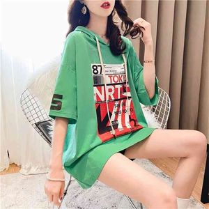 Sommar Korea Mode Kvinnor Kortärmad Lös Långt tryck Tshirt Cotton Casual Hooded Tee Femme Toppar Plus Size M02 210512