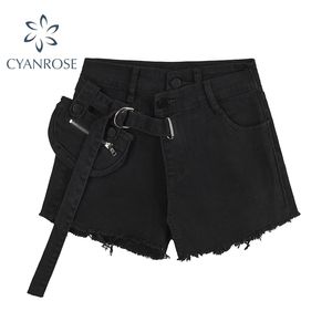 Summer Black Punk Short Jeans And Denim Pants Women High Waist Spliced Pocket Fashion Casual Wide Leg 210515