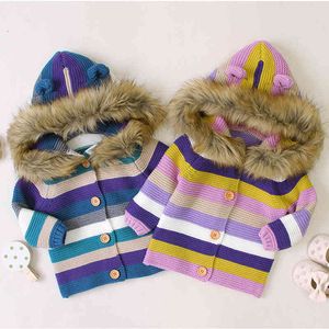 0-24m秋冬赤ちゃん男の子女の子ストライプフード付きジャケット衣装暖かさ子供のセーター子供の毛皮の襟カーディガンコート210429