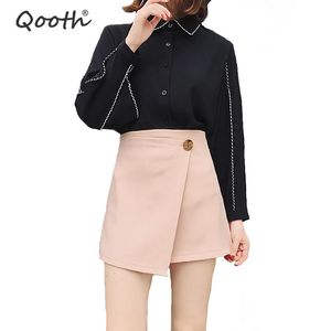 Qooth Skirts 여성 Harajuku Girly Skirts 비대칭 블랙 스커트 사이아 백 지퍼 팔다 가을 짧은 치마 QH1465 210518