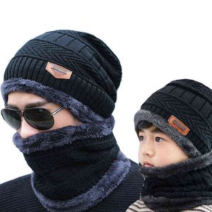 Nyår Vinterhattar Kepsar För Män Familj Matchande Föräldrar Barn Beanie Scarf Set Varm Stickad Hat Vinterlock Gorras Hombre Y21111