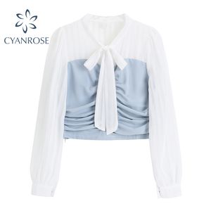 Vintage Draped Crop Blouses Women's Korean Style Lace Up Bow Collar Wrinkled Shirts Office Ladies Long Sleeve OL Short Tops 210417