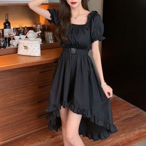 Women Black Party Dress Elegant Square Collar Casual Irregular Ruffles Chic Dress Fashion 210518